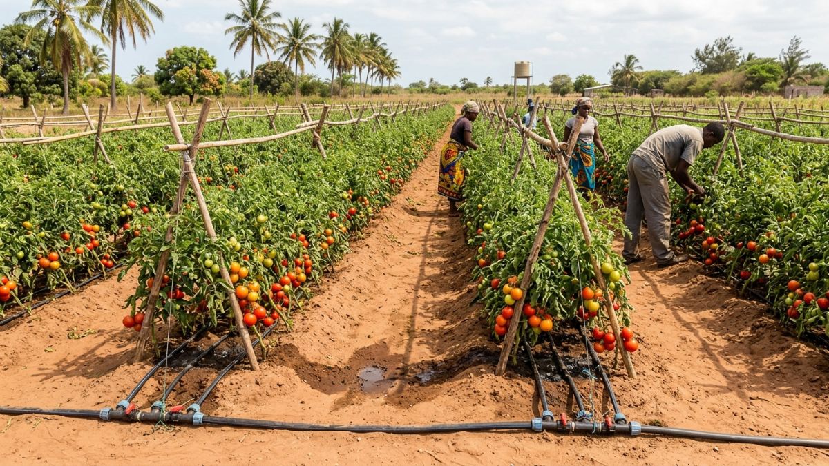Campo de tomate irrigado em plena produção na Beira, Moçambique, plantas carregadas de frutos vermelhos, sistema de gotejamento visível.