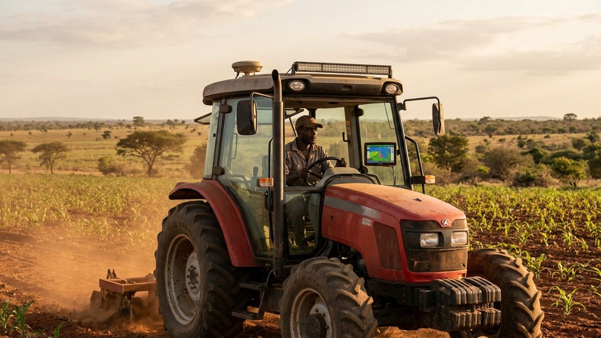 tractor com ecr&atilde; GPS e barra de luzes em campo a lavrar a terra. 
