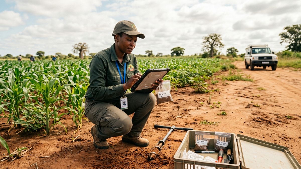 t&eacute;cnico agr&iacute;cola com tablet a recolher amostras de solo