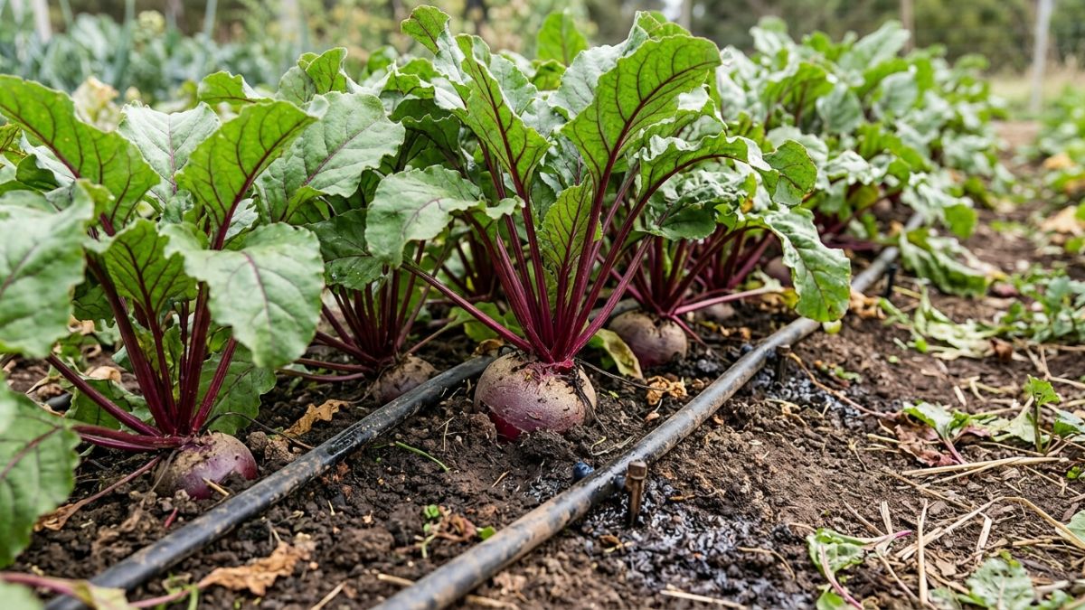 Canteiro de beterraba bem desenvolvido com plantas vigorosas em crescimento, sistema de gotejamento vis&iacute;vel ao n&iacute;vel do solo, ra&iacute;zes come&ccedil;ando a emergir ligeiramente &agrave; superf&iacute;cie