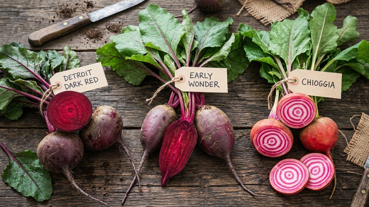 Compara&ccedil;&atilde;o de variedades de beterraba: ra&iacute;zes redondas Detroit Dark Red, Early Wonder alongada e Chioggia com interior listado, dispostas sobre superf&iacute;cie r&uacute;stica, cores vibrantes