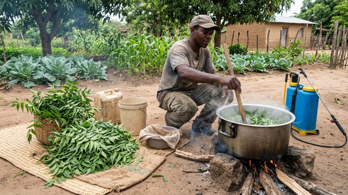 Agricultor a preparar o biopesticida caseiro feito a base da planta de nin
