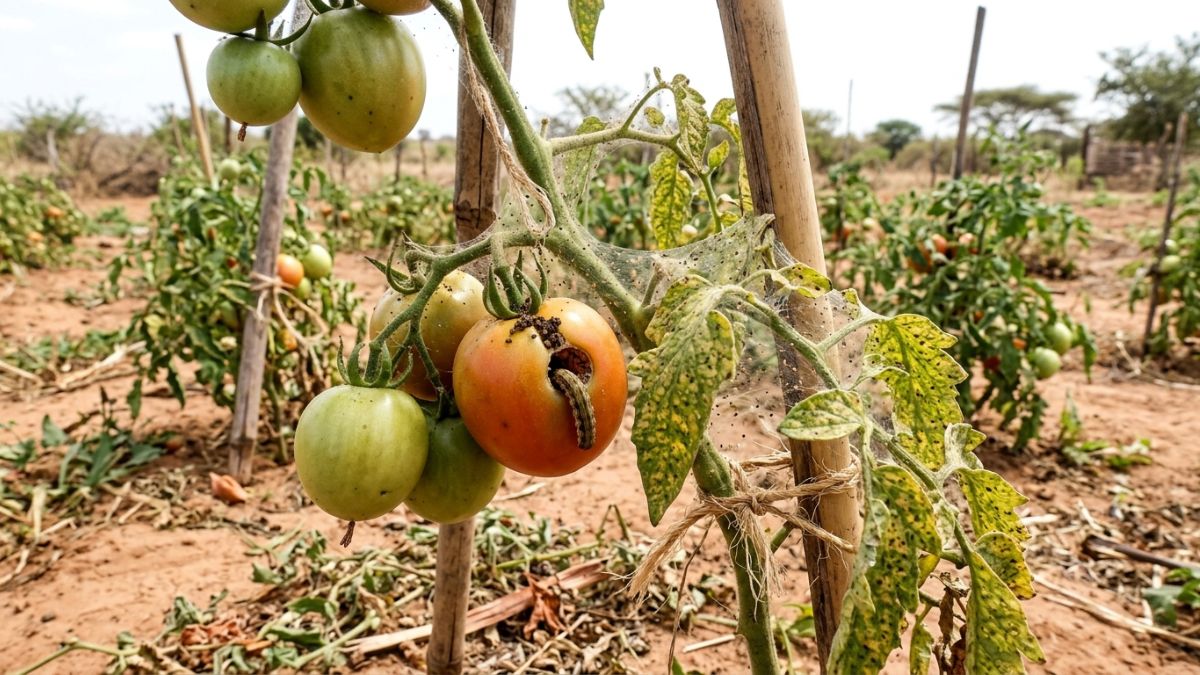 planta de tomate com Ácaros e broca do fruto do tomate em um campo em Mocambique