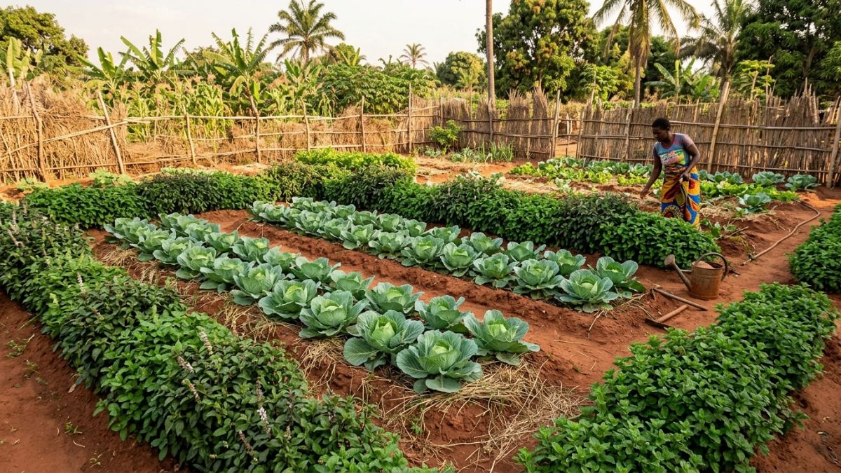 Canteiro de couves com bordadura de manjeric&atilde;o e hortel&atilde;, espa&ccedil;amento regular, contexto de controlo natural de pragas em horta mo&ccedil;ambicana.