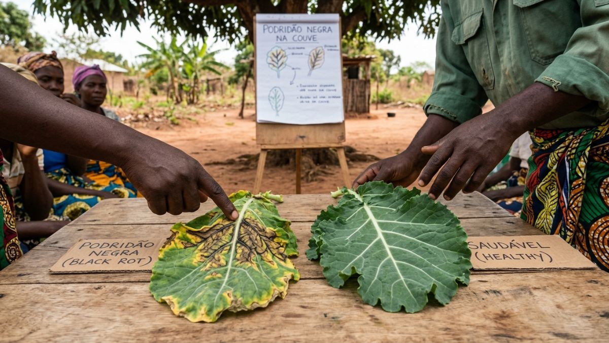 Folhas de couve com sintomas de podrid&atilde;o negra: les&otilde;es em V amarelo-castanho nas bordas com nervos escuros, comparadas com folha saud&aacute;vel, contexto educativo agr&iacute;cola.