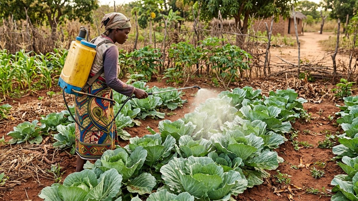 Agricultor mo&ccedil;ambicano a aplicar extrato de neem em couves com pulverizador ao amanhecer, n&eacute;voa fina vis&iacute;vel, folhas verdes saud&aacute;veis, programa de controlo integrado.