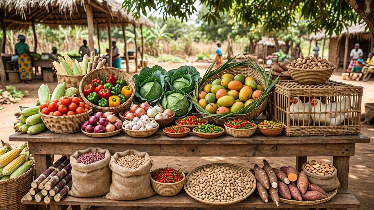 Mesa com amostras das 15 culturas mais rent&aacute;veis de Mo&ccedil;ambique: tomate, piment&atilde;o, cebola, alho, couve, feij&atilde;o, frangos de corte, manga, pirip&iacute;ri e amendoim em disposi&ccedil;&atilde;o visual atraente.