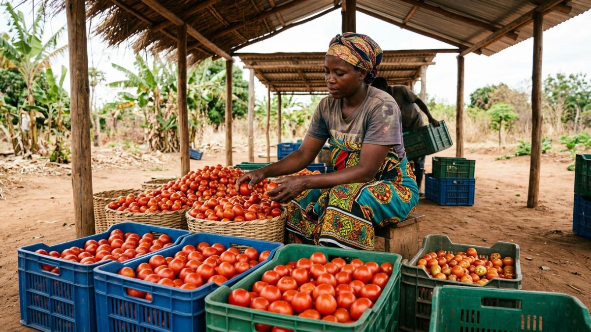 Agricultor mo&ccedil;ambicano a classificar e embalar tomates ap&oacute;s colheita, produto organizado em caixotes limpos, reduzindo perdas e aumentando valor comercial.