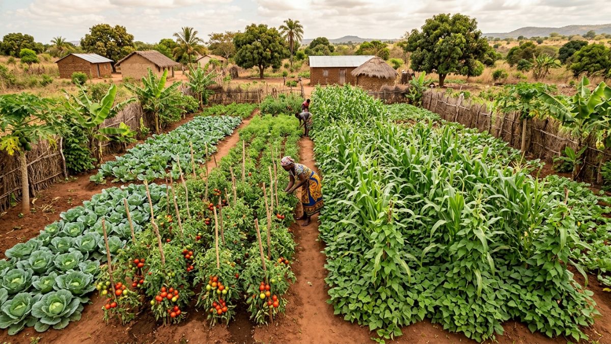 Machamba bem organizada com m&uacute;ltiplas culturas em parcelas adjacentes: tomate, couve, feij&atilde;o e milho em cons&oacute;rcio, m&aacute;ximo aproveitamento do espa&ccedil;o dispon&iacute;vel, Mo&ccedil;ambique.