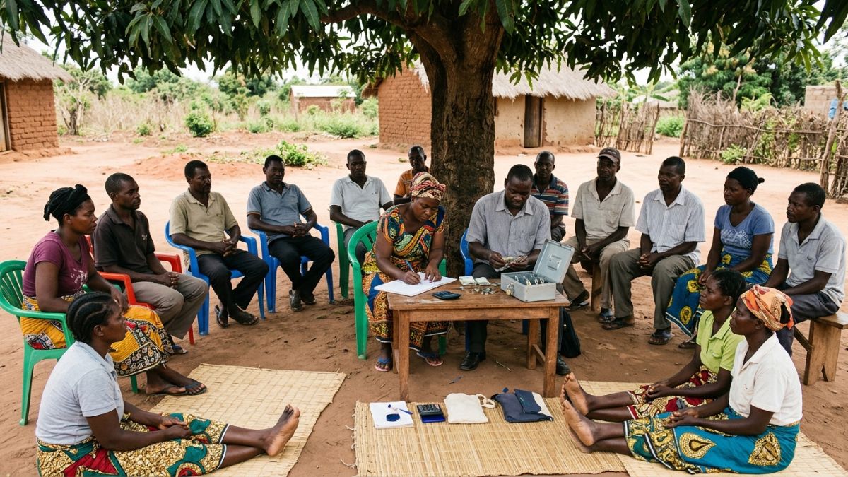 grupo de produtores em reuni&atilde;o de poupan&ccedil;a, em Mocambique