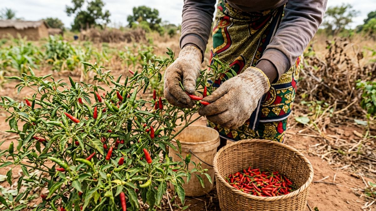Agricultora na colheita de frutos vermelhos de piri-piri com luvas
