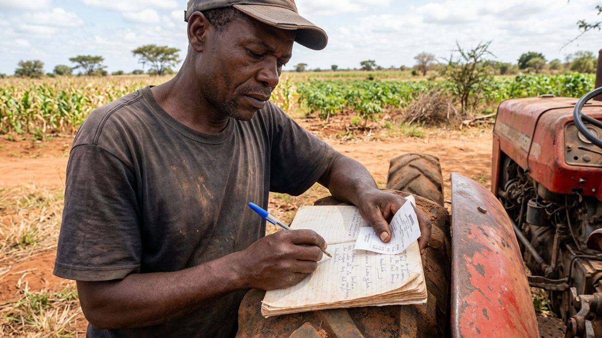 Agricultor a registar consumo de combust&iacute;vel do tractor num caderno ao lado da m&aacute;quina estacionada no campo, pre&ccedil;o do gas&oacute;leo vis&iacute;vel num recibo
