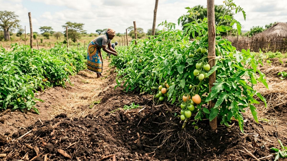 Campo de tomate vigoroso e saud&aacute;vel ap&oacute;s aduba&ccedil;&atilde;o org&acirc;nica, folhas verdes brilhantes, frutos em desenvolvimento, ra&iacute;zes expostas mostrando solo escuro e rico em mat&eacute;ria org&acirc;nica. 