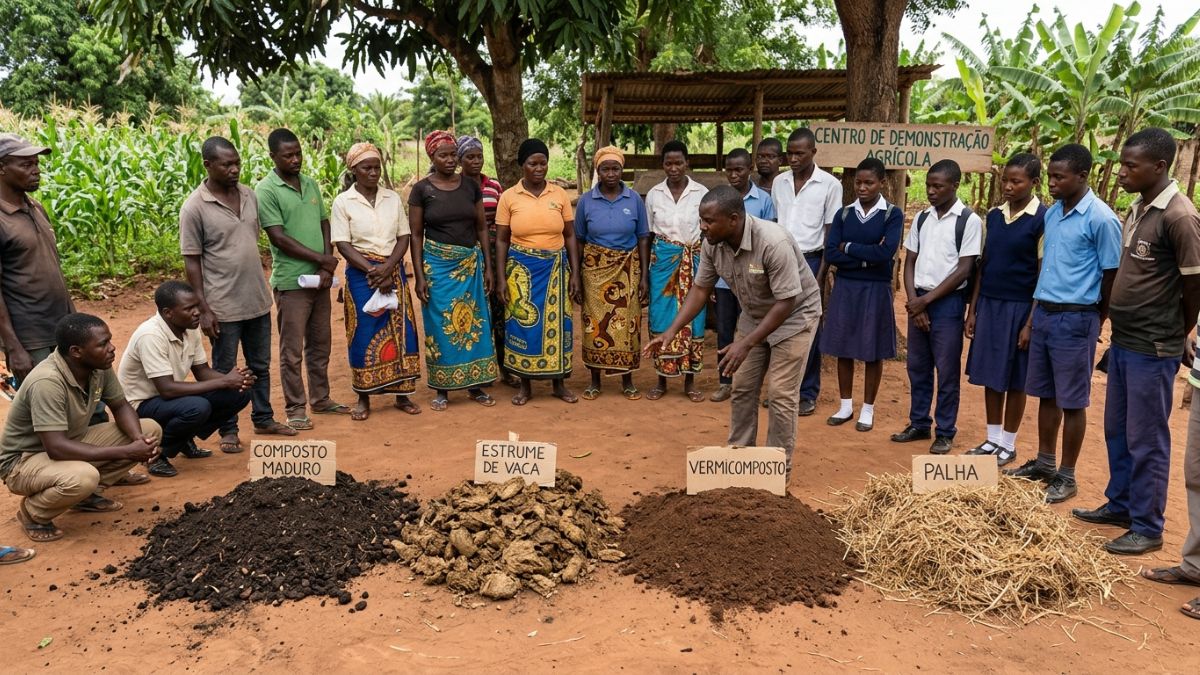 Compara&ccedil;&atilde;o de diferentes tipos de adubos org&acirc;nicos: composto maduro escuro, estrume de bovino, vermicomposto castanho fino e cobertura morta de palha, dispostos em grupos sobre solo, contexto educativo.