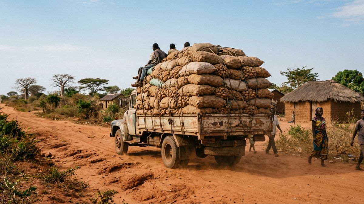 cami&atilde;o carregado de batata-reno saindo da zona de produc&atilde;o