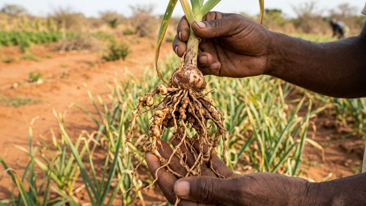 planta de alho com nematoides radiculares em um campo de produ&ccedil;&atilde;o de alho em Mo&ccedil;ambique