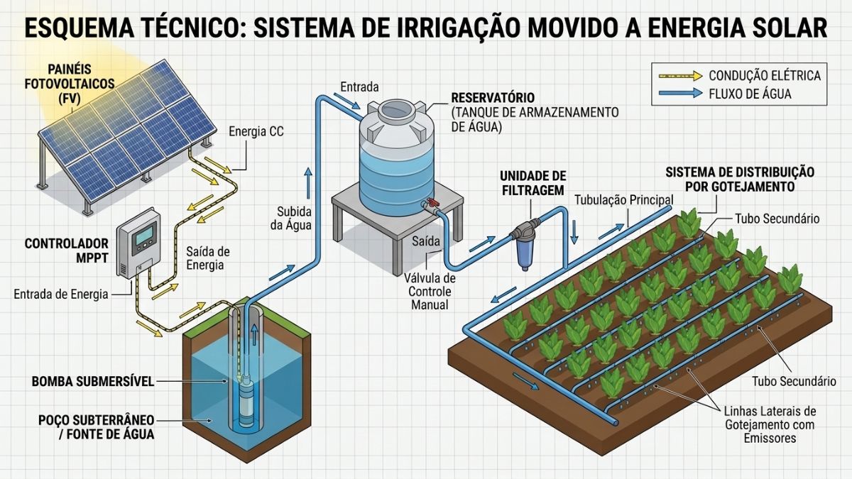 Esquema t&eacute;cnico dos componentes de sistema de irriga&ccedil;&atilde;o solar: pain&eacute;is fotovoltaicos, controlador MPPT, bomba submers&iacute;vel, reservat&oacute;rio e sistema de distribui&ccedil;&atilde;o por gotejamento, com setas de fluxo.