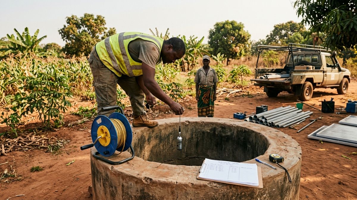 T&eacute;cnico a fazer medi&ccedil;&otilde;es num po&ccedil;o para dimensionar sistema de irriga&ccedil;&atilde;o solar, instrumentos de medi&ccedil;&atilde;o vis&iacute;veis, contexto t&eacute;cnico de instala&ccedil;&atilde;o agr&iacute;cola em Mo&ccedil;ambique.