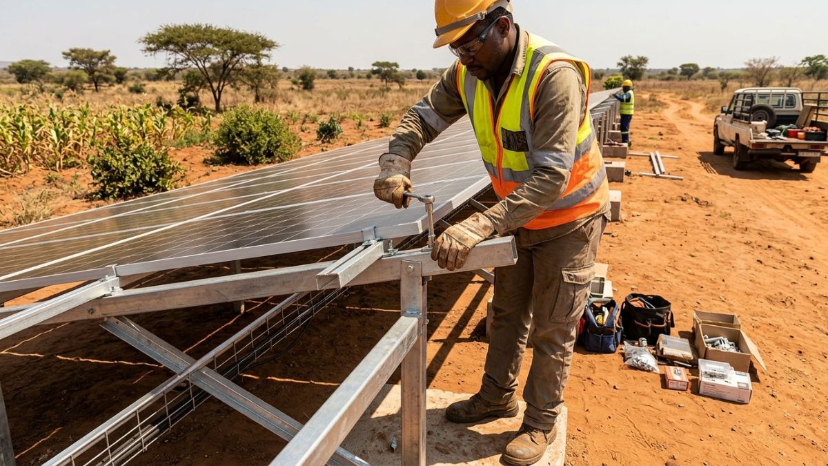 Instala&ccedil;&atilde;o de painel solar em estrutura met&aacute;lica orientada a norte num campo agr&iacute;cola mo&ccedil;ambicano, t&eacute;cnico a apertar parafusos de fixa&ccedil;&atilde;o, ambiente de instala&ccedil;&atilde;o profissional.