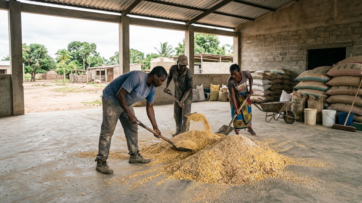 produtores a misturar os ingredientes na produc&atilde;o de rac&atilde;o