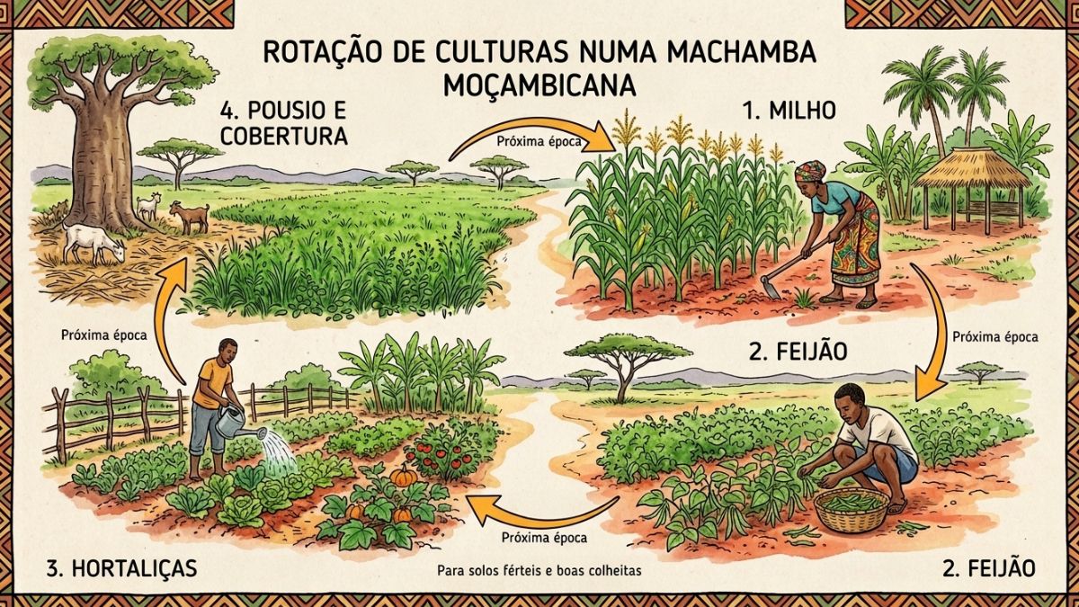 Mapa visual de rota&ccedil;&atilde;o de culturas numa machamba mo&ccedil;ambicana ao longo de 4 &eacute;pocas: milho, feij&atilde;o, hort&iacute;colas e pousio com cobertura verde, setas indicando sequ&ecirc;ncia de rota&ccedil;&atilde;o.