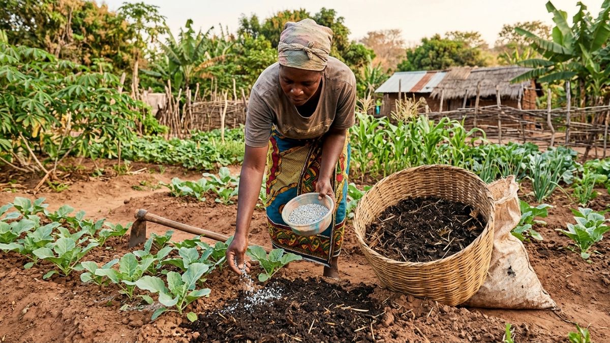 Agricultor a aplicar composto org&acirc;nico e fertilizante mineral em canteiro de hort&iacute;colas, dois tipos de adubo vis&iacute;veis
