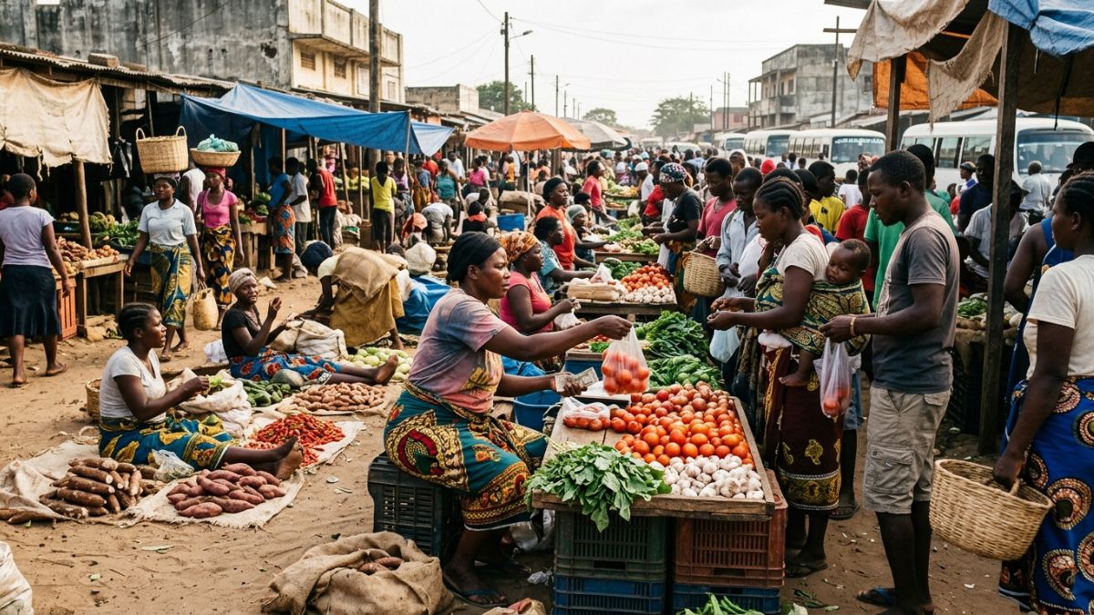 Mercado de horticolas e frutas, movimentado, com comerciantes e compradores