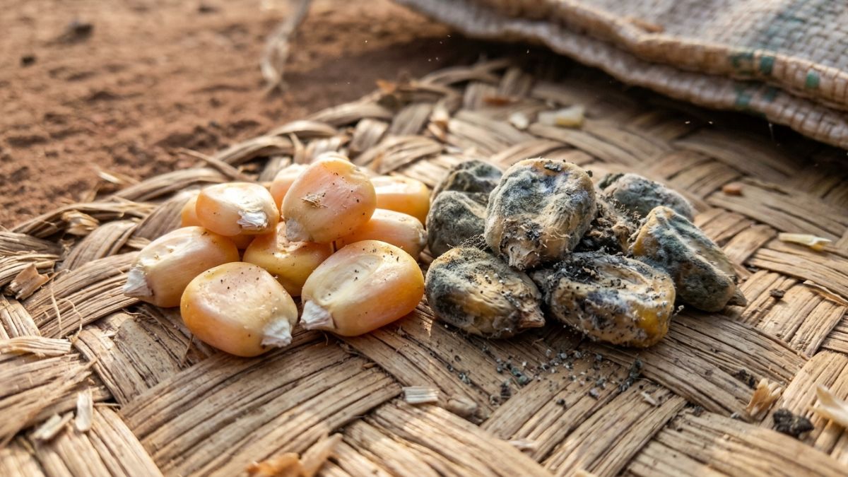 Milho com aflatoxinas e bolor em uma esteira de palha