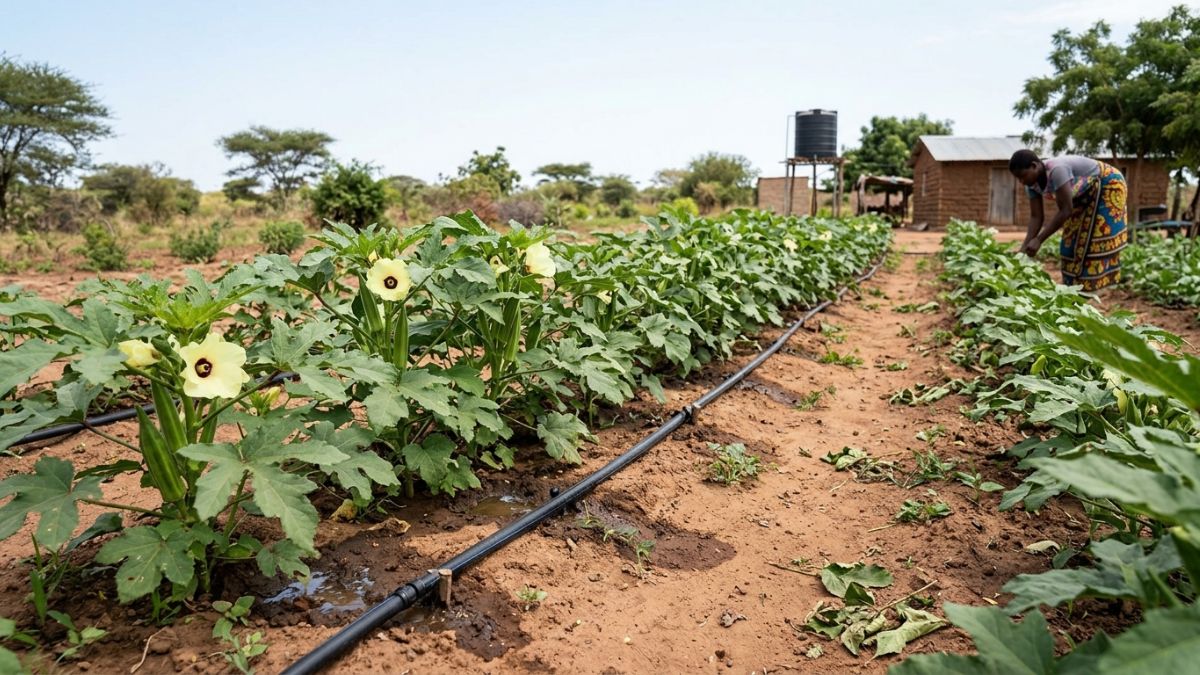 Plantas de quiabo bem perfiladas e com sistema de rega por gotejamento