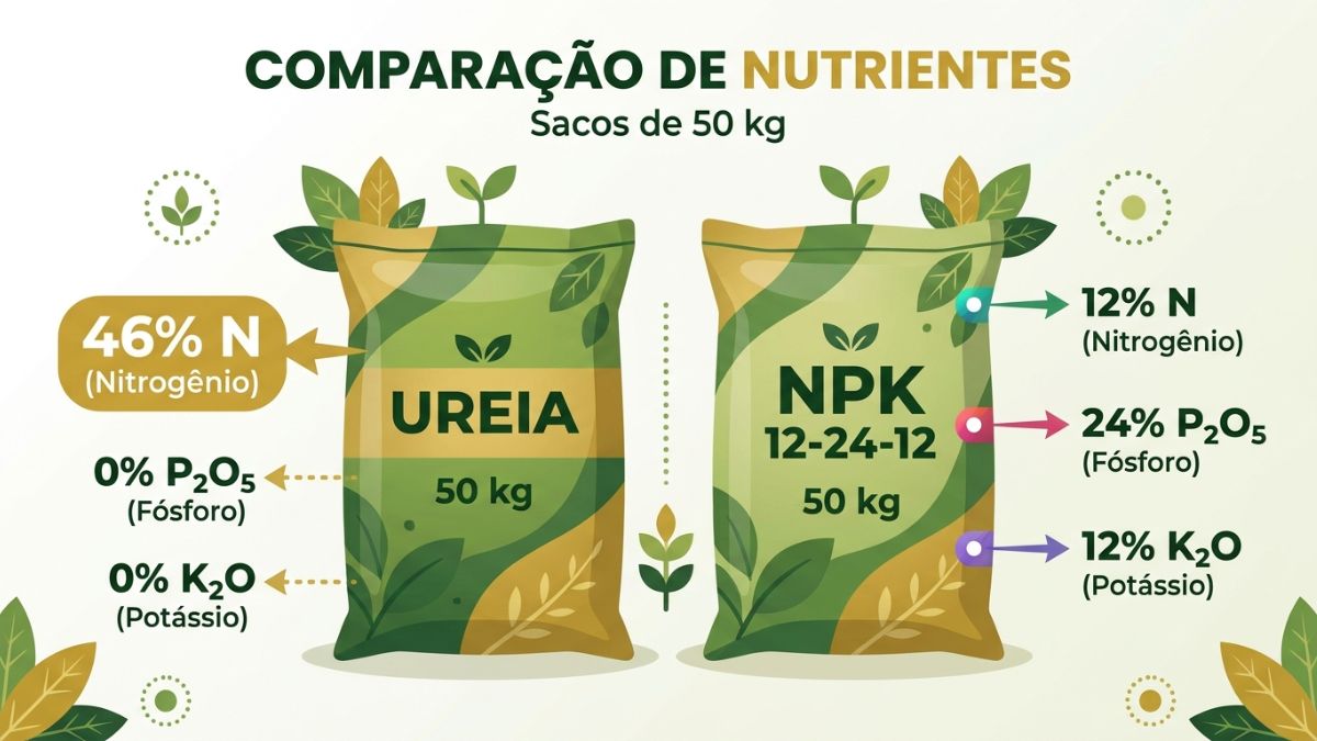 Compara&ccedil;&atilde;o entre um saco de ureia e um saco de NPK 12-24-12 com as percentagens de nutrientes