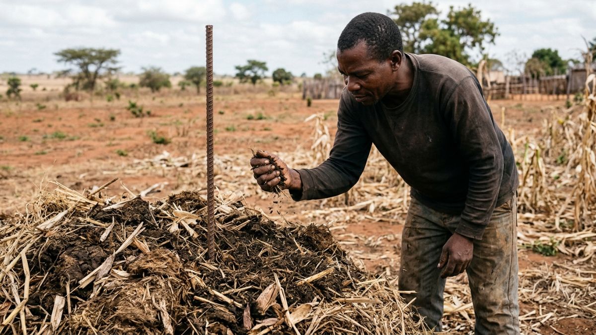 Agricultor a testar a humidade de uma pilha de composto org&acirc;nico feita com palha de milho e estrume