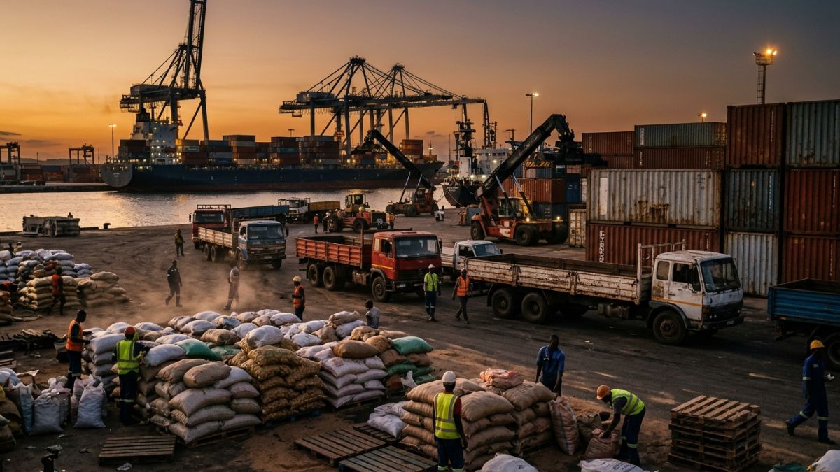 contentores a ser carregados num porto mo&ccedil;ambicano ao entardecer, com cami&otilde;es de carga e sacos de produtos agr&iacute;colas 