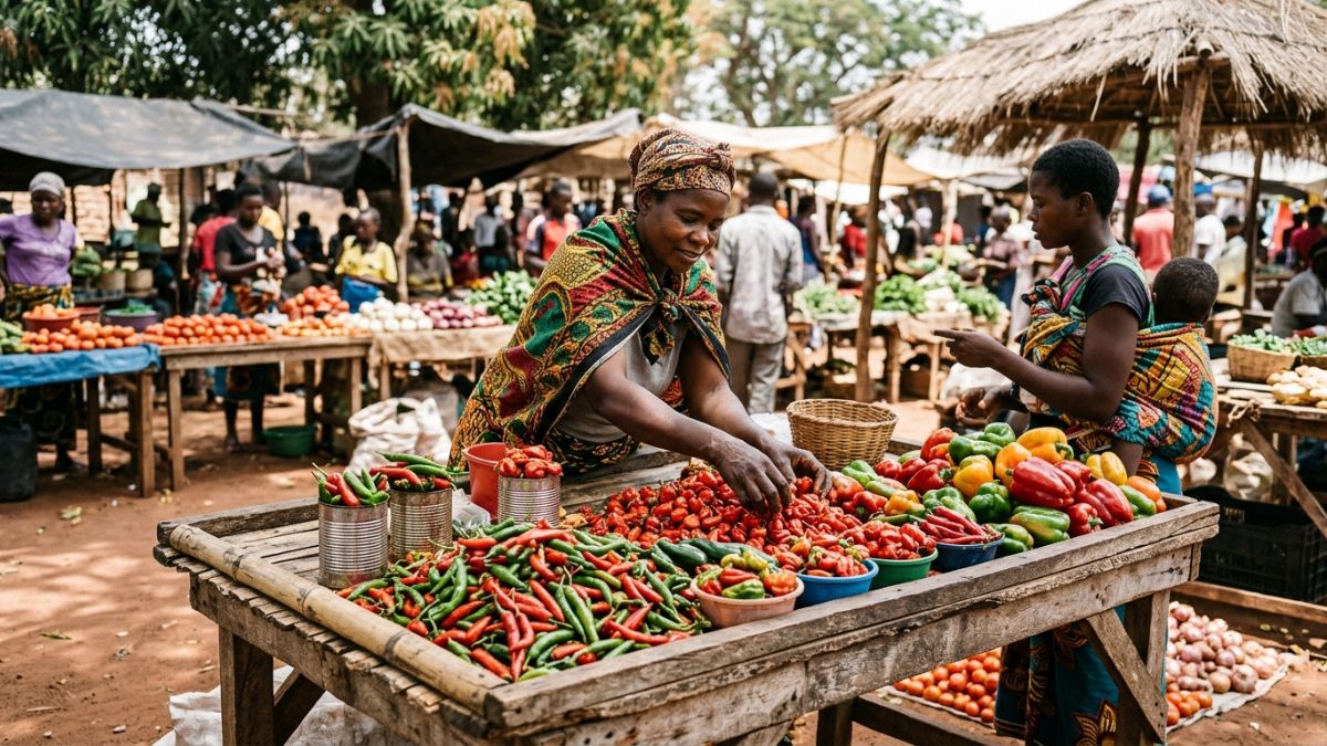 Banca de mercado em Mo&ccedil;ambique com pimentos