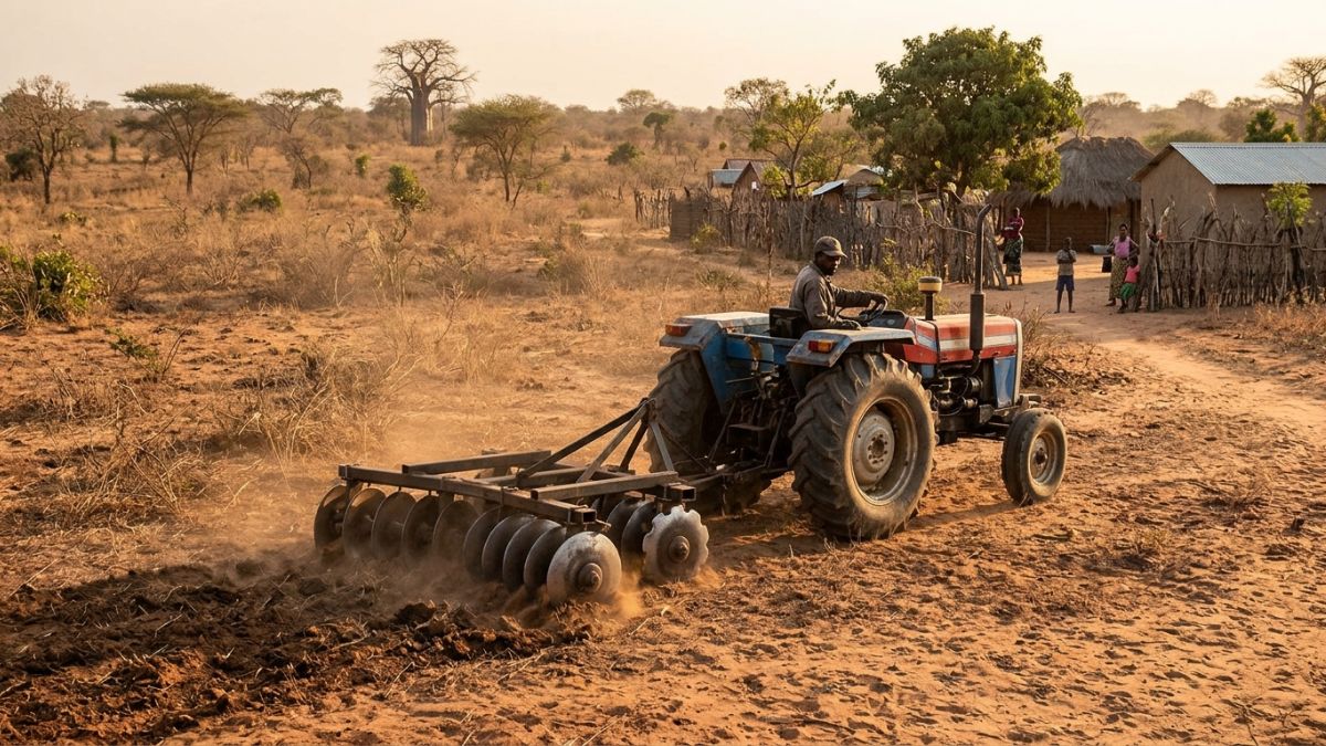 Tractor com grade a trabalhar na parcela de um cliente