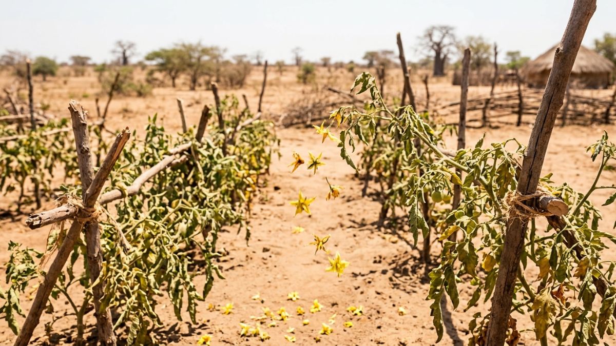Planta de tomateiro com sintomas de calor excessivo