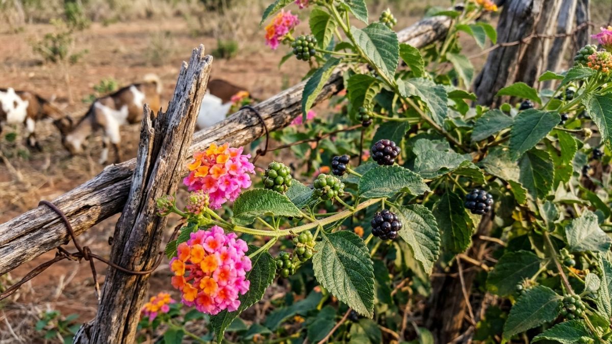 uma moita de lantana com flores cor de laranja e rosa e pequenos frutos escuros junto a uma veda&ccedil;&atilde;o de machamba e cabritos ao fundo