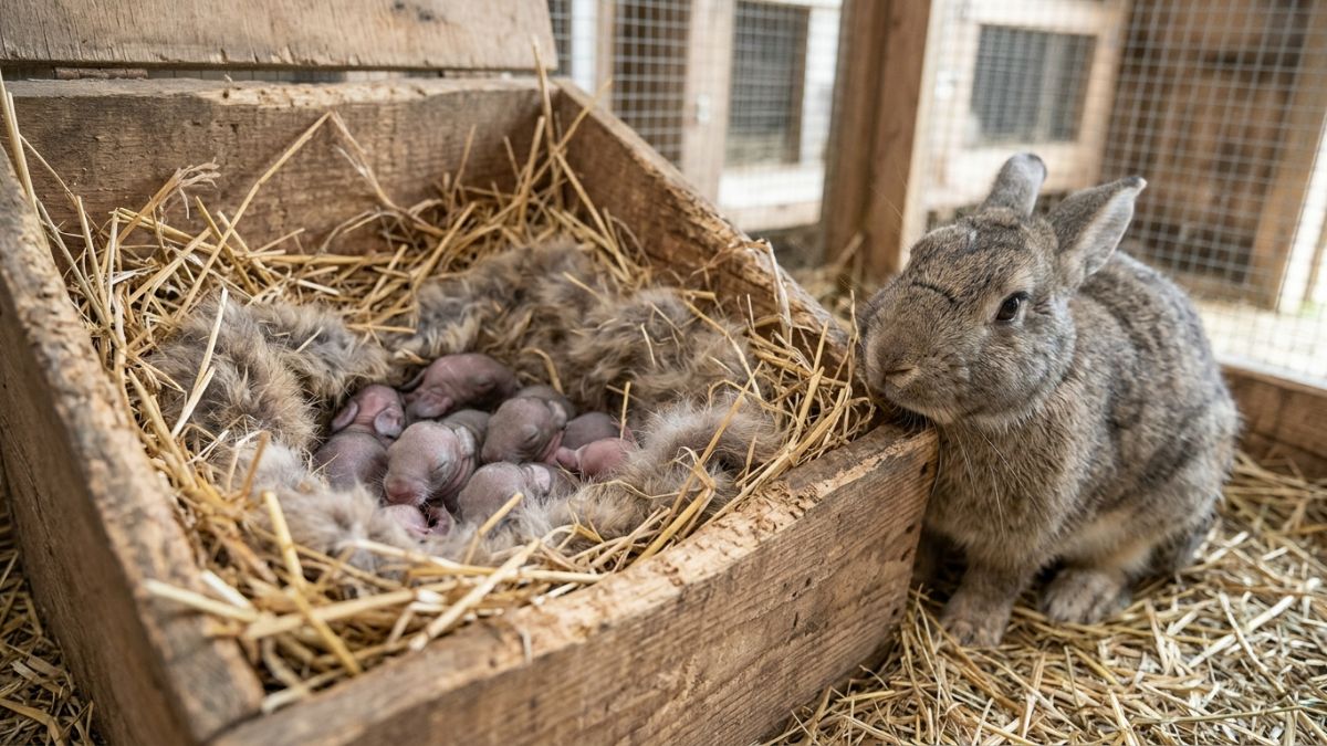 uma caixa-ninho de madeira com palha e uma ninhada de coelhos recém-nascidos, com a coelha ao lado