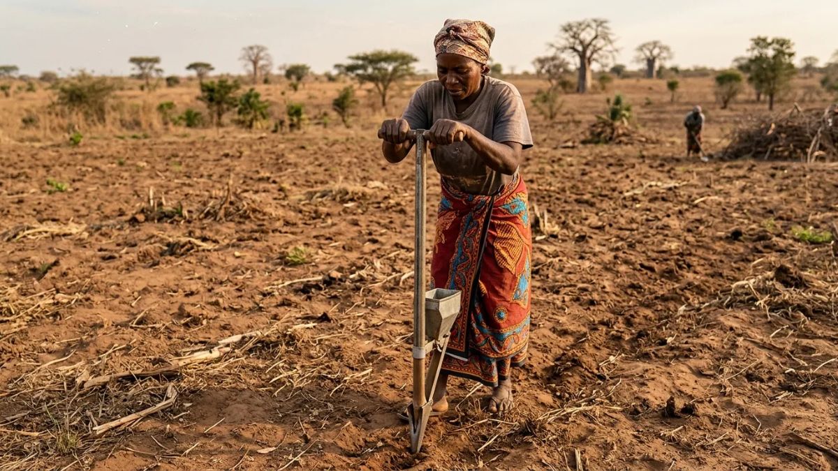 agricultora usando matraca na sementeira da sua machamba
