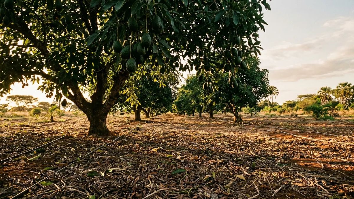um pomar de abacateiros adultos com frutos verdes escuros a pender dos ramos
